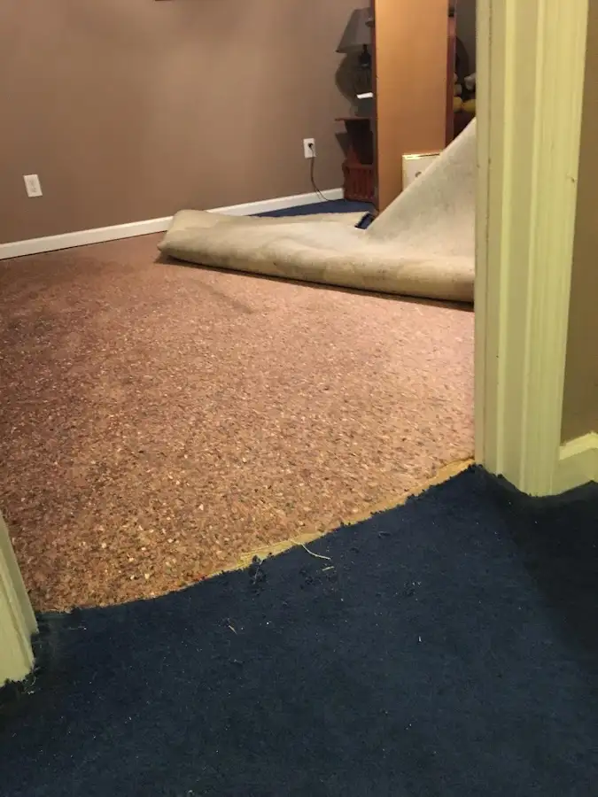 Carpet pad removal revealing water damage during Water Mitigation Services in New Boston